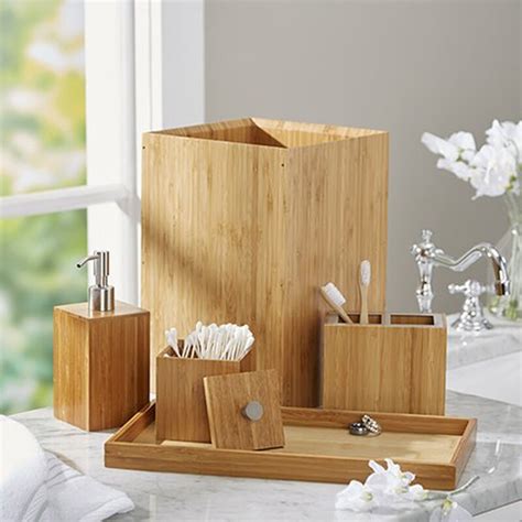 A nightstand with tall dresser, both elements sporting not exactly identical. Defoe Bamboo 5-Piece Bathroom Accessory Set & Reviews ...
