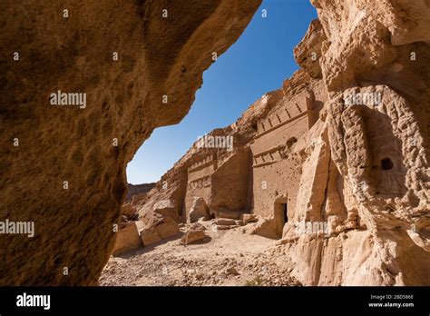 Nabatean Tombs Carved Into Rock In Al Bad Saudi Arabia Stock Photo