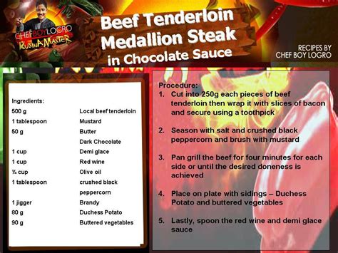Beef sirloin (or beef tenderloin steaks), cut into thin strips 2 tbsp. Kusina Master Recipes: Beef Tenderloin Medallion Steak in Chocolate Sauce