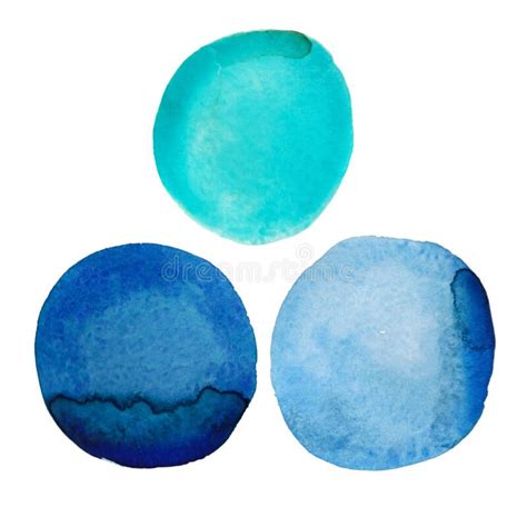 A Set Of Blue Hand Painted Watercolors Of Round Shapes Isolated On A