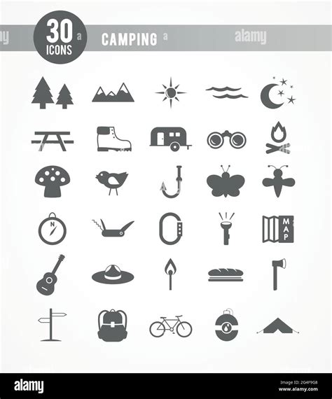 Juego de iconos gris camping 30 artículos Ilustración vectorial