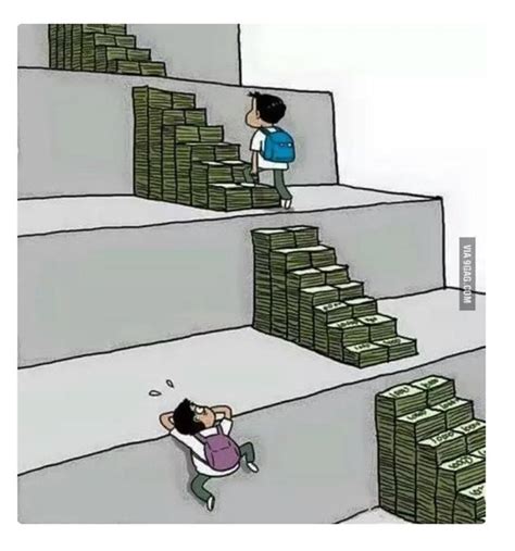 A Man Climbing Up Stairs With Stacks Of Money On The Bottom And Another