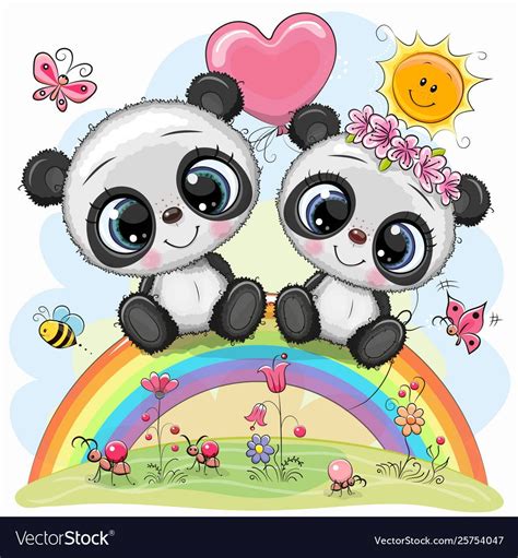 Cartoon Pandas Are Sitting On Rainbow Royalty Free Vector Osos Pandas