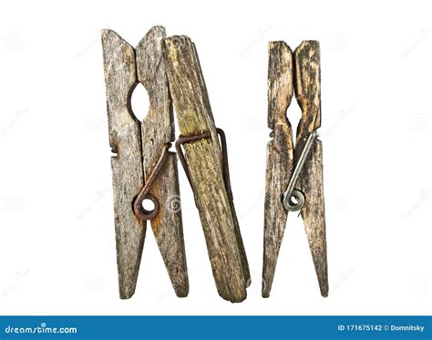 Old Wooden Clothespins Isolated On White Background Stock Photo Image