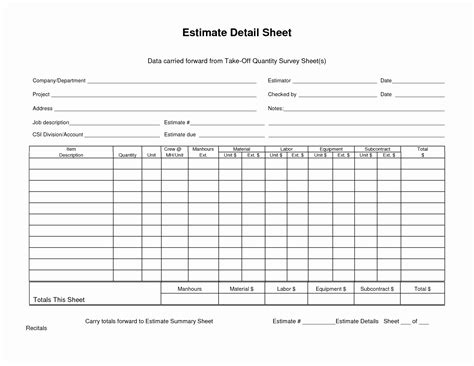 Free Take Off Sheet Template Excel