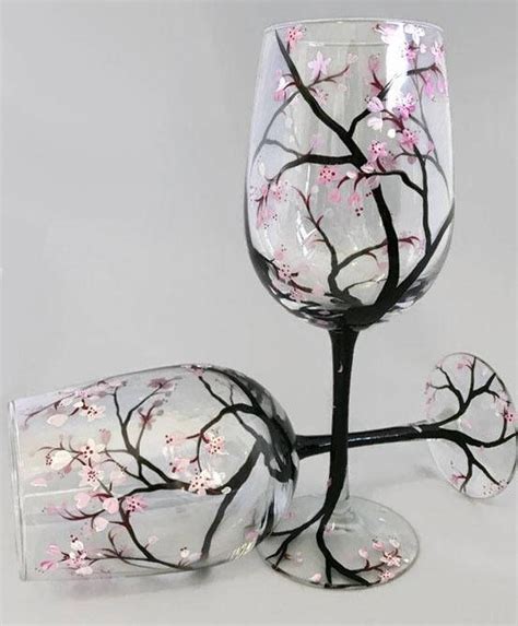 Cherry Blossom Hand Painted Wine Glass Pink Flower Spring Etsy Hand Painted Wine Glass