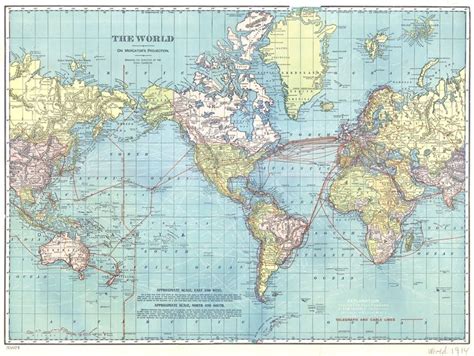 1914 Telegraph Lines Of The World World Map Poster Wall Art Decor