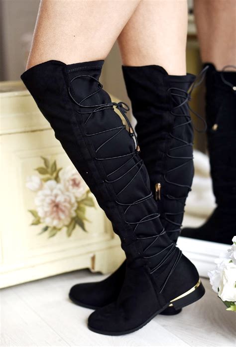 Ladies Womens Flat Stretchy Elastic Over The Knee High Lace Up Zip Boots Uk Size Ebay