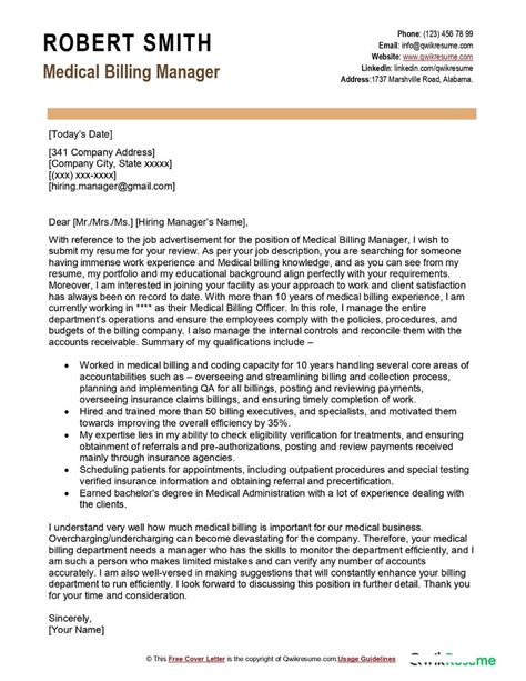 Medical Billing Manager Cover Letter Examples Qwikresume