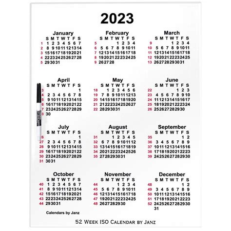 2023 White 52 Week Iso Calendar By Janz Large Dry Erase Board Zazzle