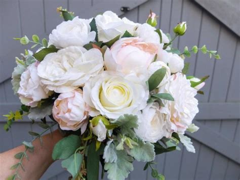 ivory white and blush pink silk wedding bouquet made with artificial roses peonies