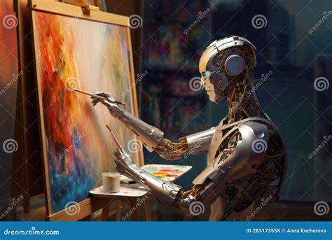 Metallic Humanoid Robot Painting On Canvas With A Brush Concept Of
