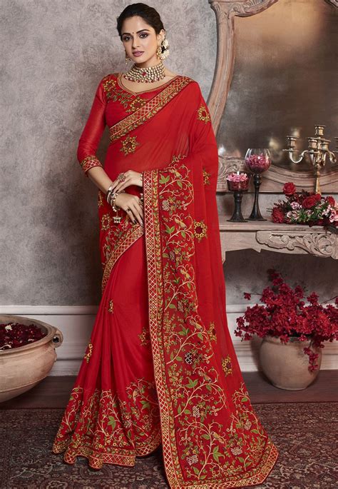 Red Art Silk Embroidered Party Wear Saree