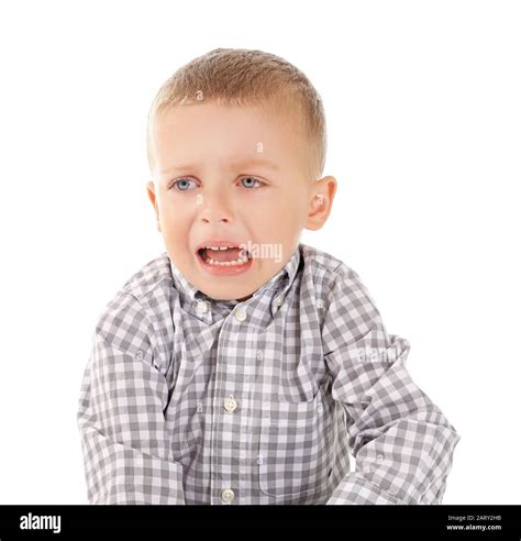 Portrait Of Sad Little Boy On White Background Stock Photo Alamy