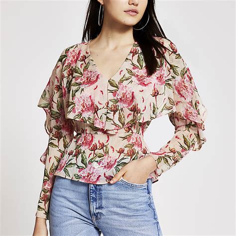Pink Floral Long Frill Sleeve Blouse River Island