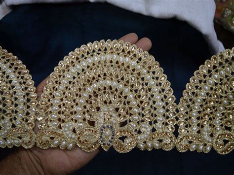 Indian Sari Border Ribbon Tape Decorative Trim Costume trim Gold Kundan Trim Stone Work Trim by 