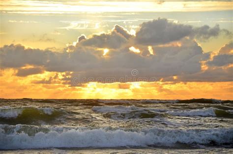 Seashore Sky Orange Tones Clouds And Sea Waves Beautiful Nature Bright