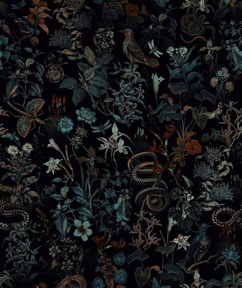 Botanical Wallpaper Secret Garden At Night Black Background Etsy