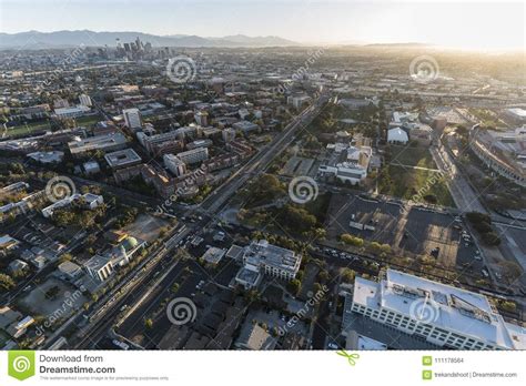 Los Angeles Aerial View Exposition Park Usc And Downtown Stock Photo