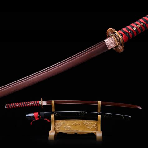 Épées De Samouraï Japonais Katana De Lame Rouge En Acier Damas Pleine