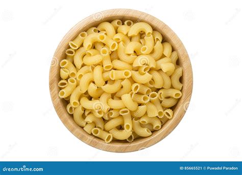 Top View Of Uncooked Macaroni Pasta In Wooden Bowl Isolated Stock Image