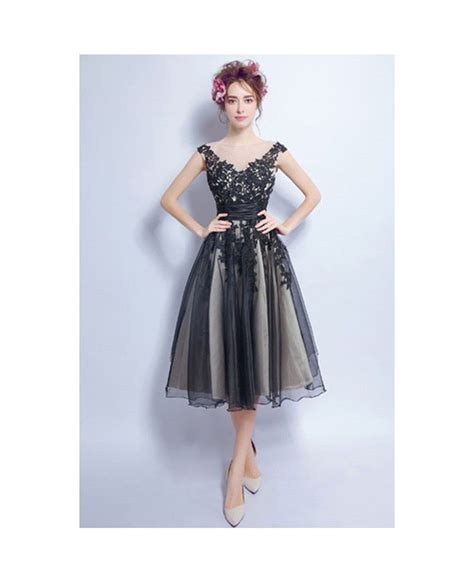 Vintage A Line V Neck Tea Length Tulle Prom Dress With Appliques Lace