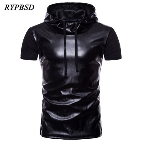 2019 New Summer Hooded Black Leather T Shirt Men Short Sleeve Slim Fit