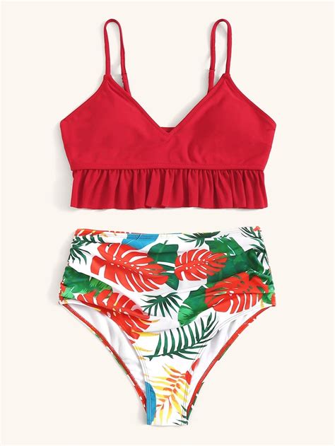 Red Ruffle Trim Swimsuit Cami Top With Tropical Bikini Bottom Bikinis