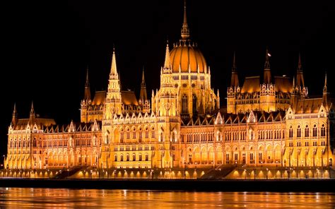 Hungary Budapest Parliament Night Lights Water Danube River