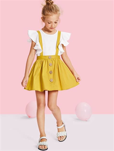 Girls Button Up Pinafore Skirt Sheinsheinside Girl Outfits Kids
