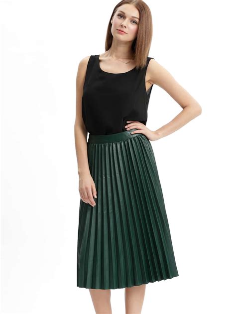 Green Pleated Pu Long Skirt Sheinsheinside