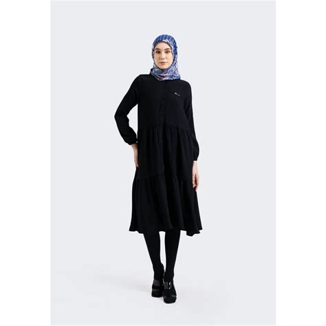 Jual Hanna Tunik Midi Dress Greta Pakaian Atasan Hijab Polos Basic Poly Crincle Hitam 041122