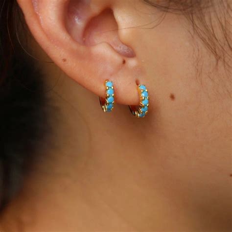 Gold Plated Turquoise Stone Small Huggie Hoop Earrings C S