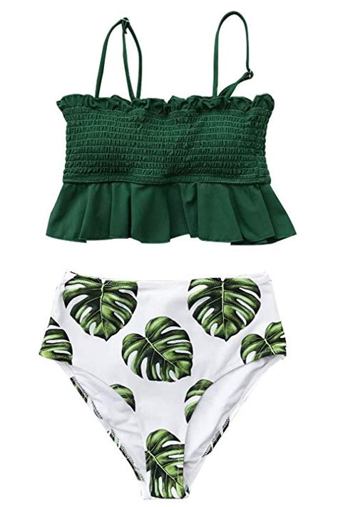 Cupshe Womens Smocked Green And Monstera Ruffled High Waisted Bikini Clothing