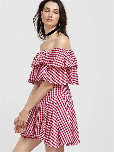 Red And White Gingham Off The Shoulder Layered Ruffle Dress Shein