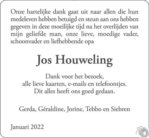 Jos Josephus Johannes Maria Houweling 22 11 2021 Overlijdensbericht