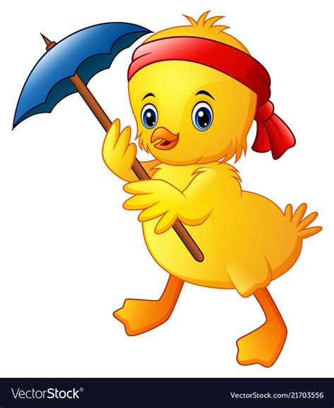 Cute Cartoon Duck With Blue Umbrella And Red Headb