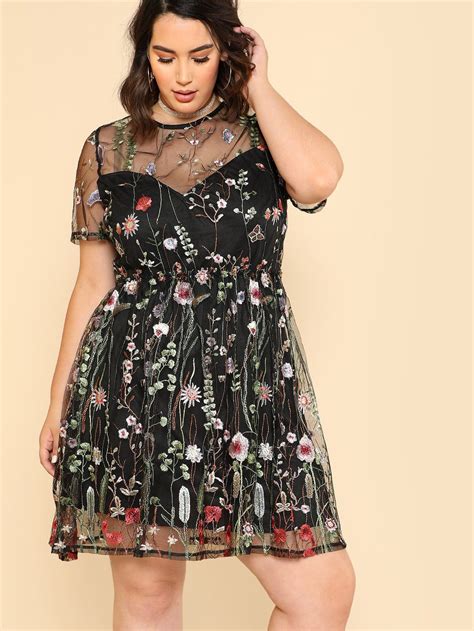 Botanical Embroidery Mesh Overlay Fit And Flare Dress Fit Flare Dress