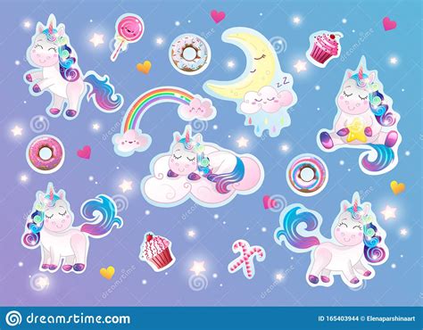 Cute Magical Rainbow Unicorn With Sweets And Clouds Vector Set