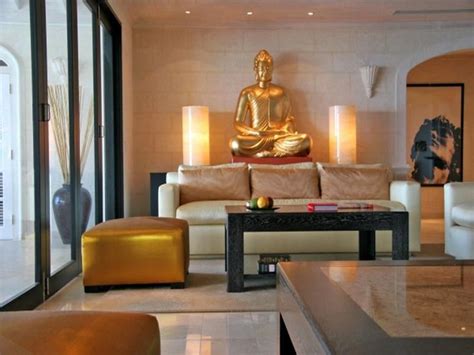 Another japanese themed bedroom with its wooden furniture and even managed to have a bunsai plant on the bedside table. Elegant Zen Living Room with Gold Buddha Statue Decor ...