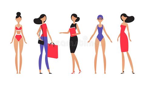 Brunette Woman In Different Styles Of Clothes With Different