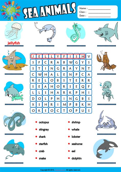 Sea Animals Esl Vocabulary Word Search Worksheet For Kids