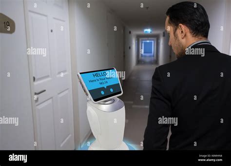 Robot In Hotel Concept Robotic Butler Help The Customer To The Room