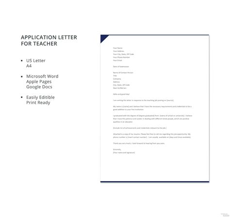 Cover letter example for a teacher. Free Application Letter for Teacher Template in Microsoft Word, Google Docs, Apple pages ...