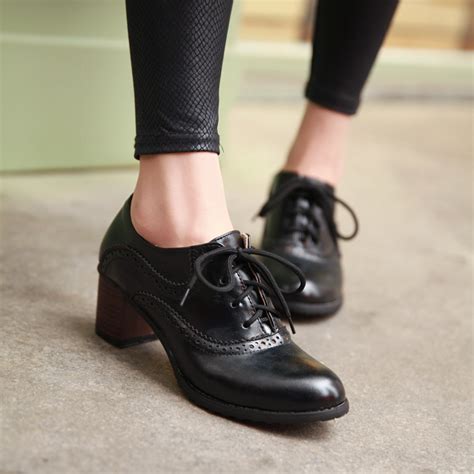 Brogue Womens Oxford Lace Up Wing Tip Retro Mid Chunky Heel Slip On Shoes Black On Luulla