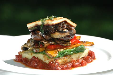 Polenta Stacks With Grilled Vegetables Pesto And Haloumi Healthy