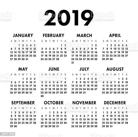 Calendar 2019 Year Black And White Vector Template Week Starts On