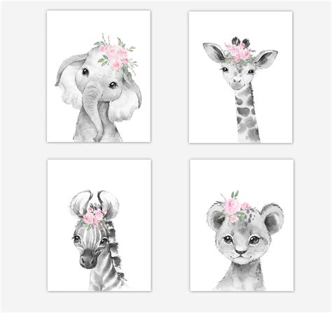 Safari Animals Baby Girl Nursery Wall Art Pink Floral Safari Animals