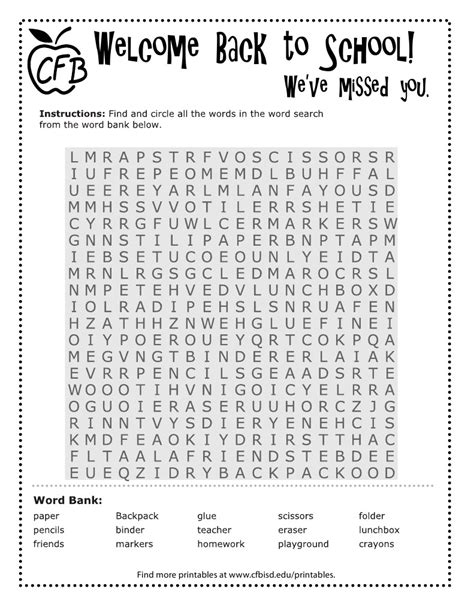 Back To School Word Search Pdf