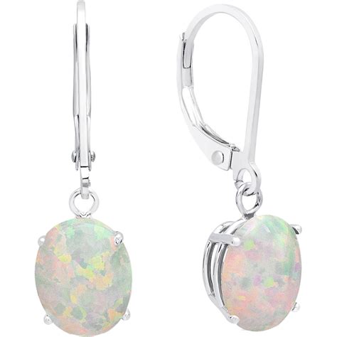 14k White Gold Oval Created Opal Leverback Earrings Gemstone Earrings